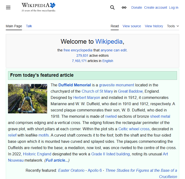 Wikipedia homepage at default text-size and zoom