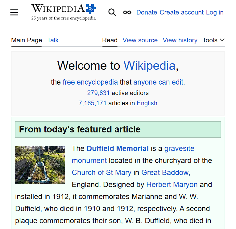 Wikipedia homepage with text resized to 150%: layout remains unchanged
