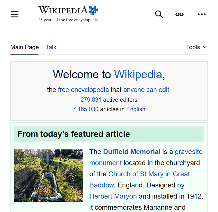 Wikipedia homepage zoomed to 150%: everything is scaled up and mobile layout is triggered